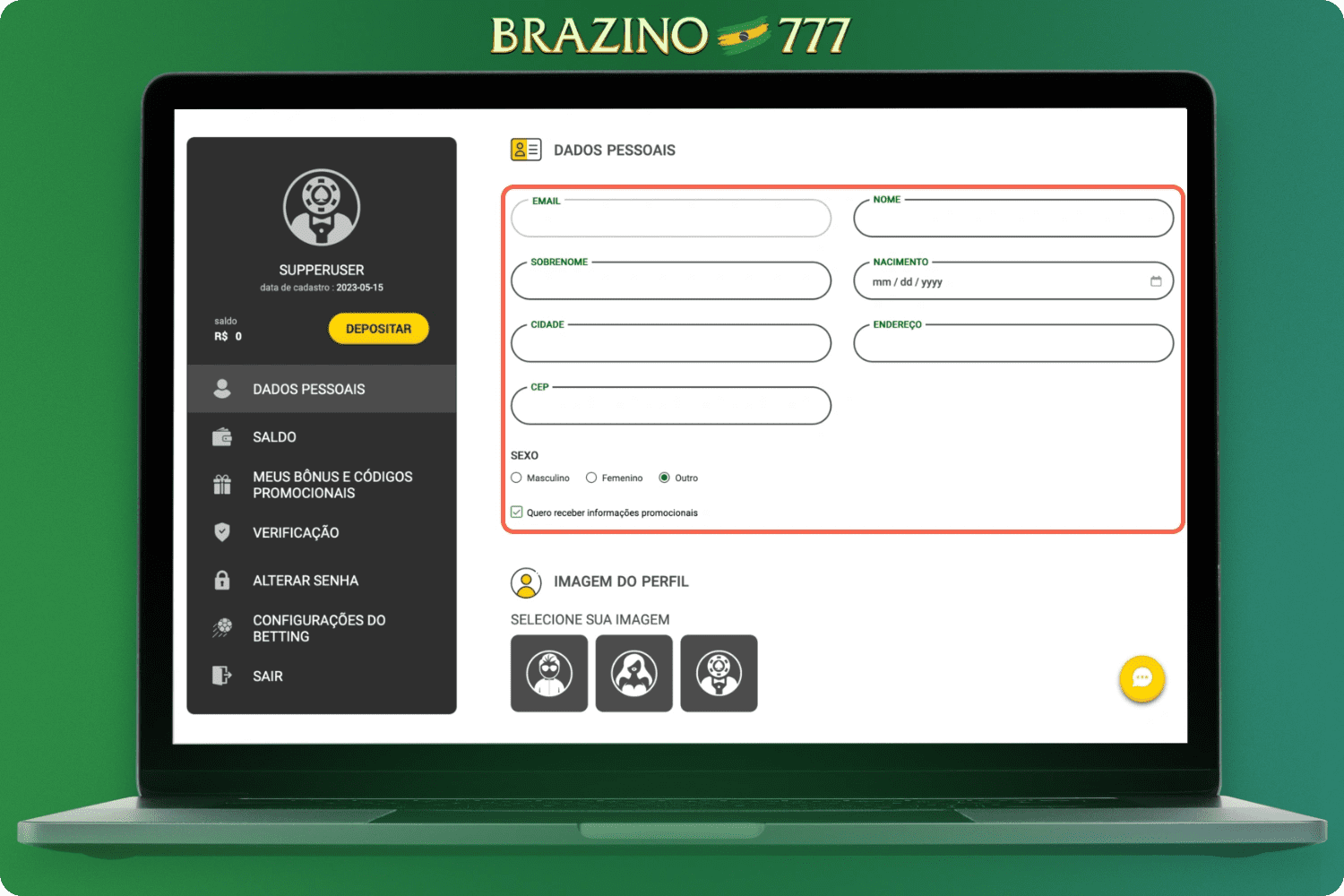 Formulário de registro em Brazino777